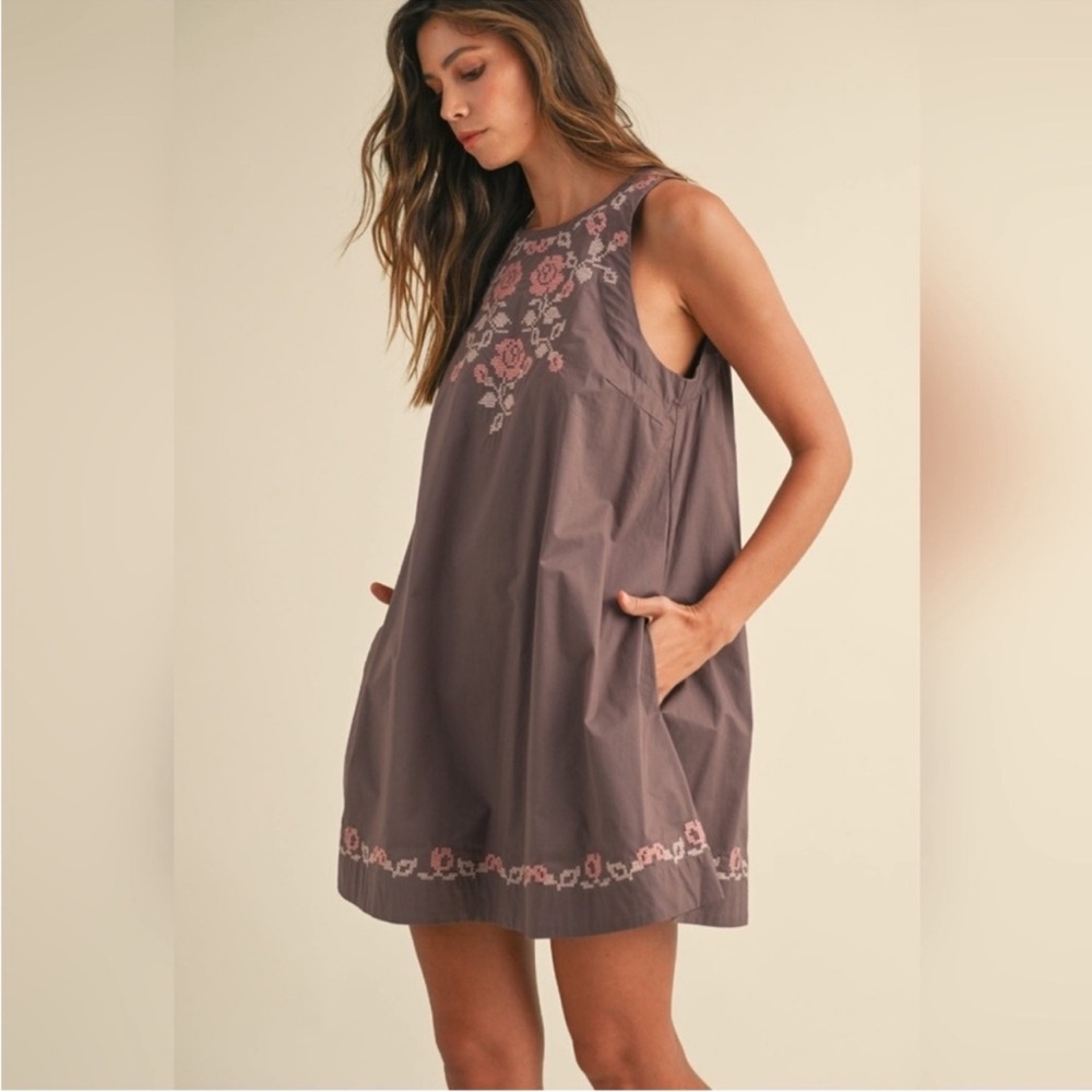 Anthropologie Mable dark plum embroidery print Floral mini dress S NWT - Picture 4 of 12